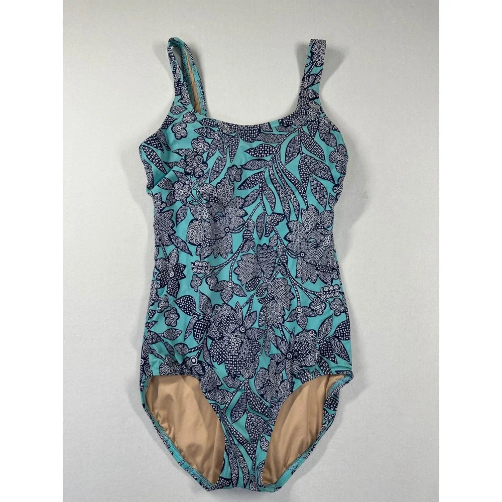 Lands' End One-Piece Swimsuit 8L Blue Teal Floral Scoop‎ Tropical Coastal Beachy